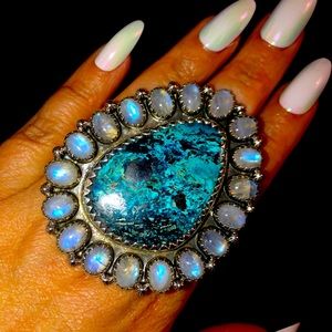 HUGE Massive Silver Moonstone & Shattuckite Ring